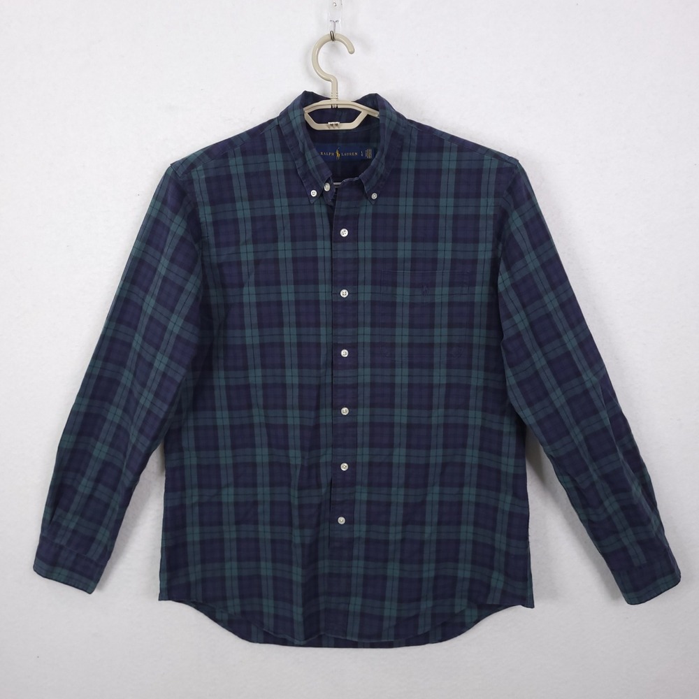 Polo Ralph Lauren Button Up Shirt Mens Large Black Watch Plaid Navy Green Preppy